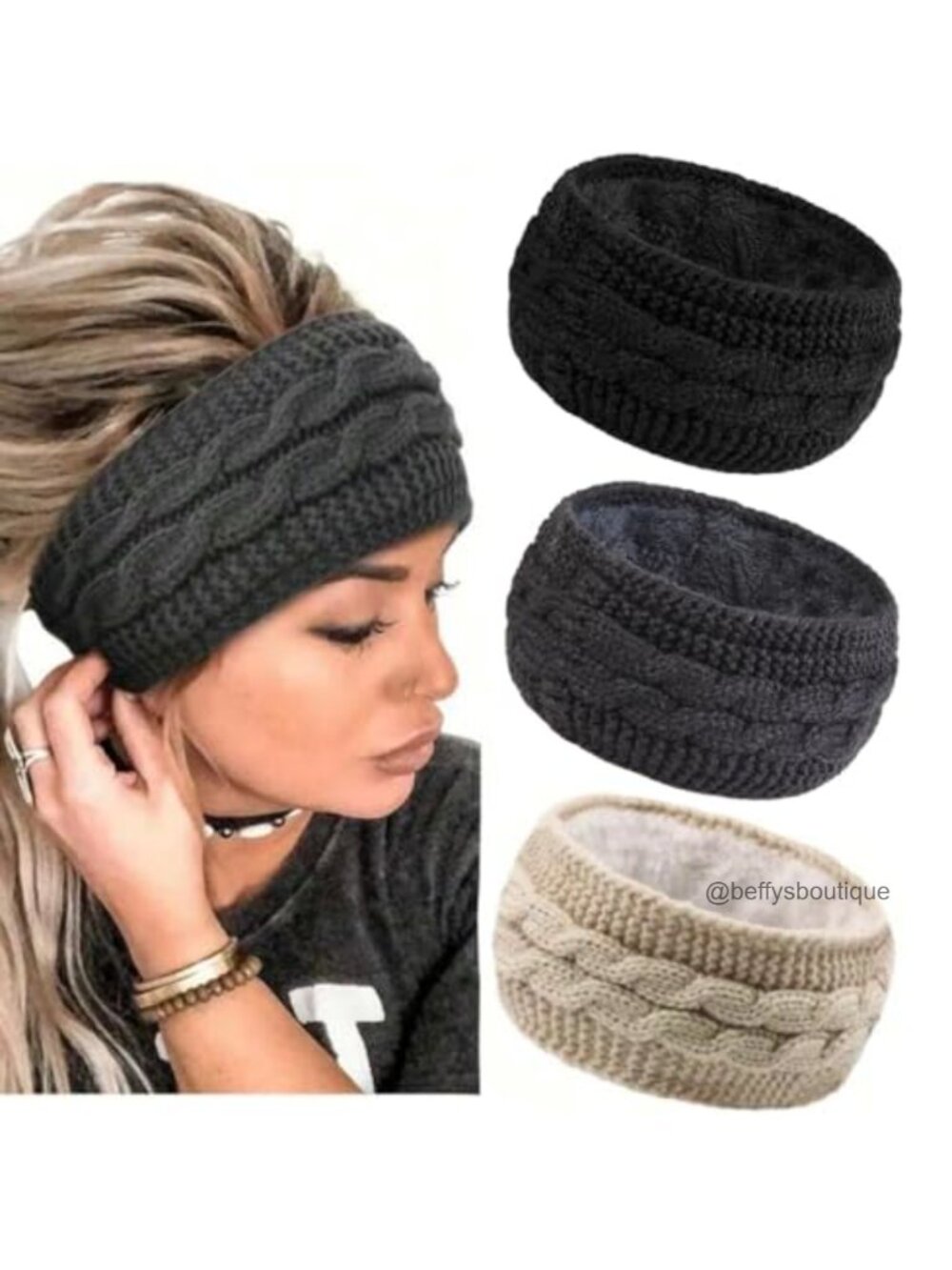 Fleece Lined Cable Knit Winter Headbands Ear Warmers 3 Pack Wide Band